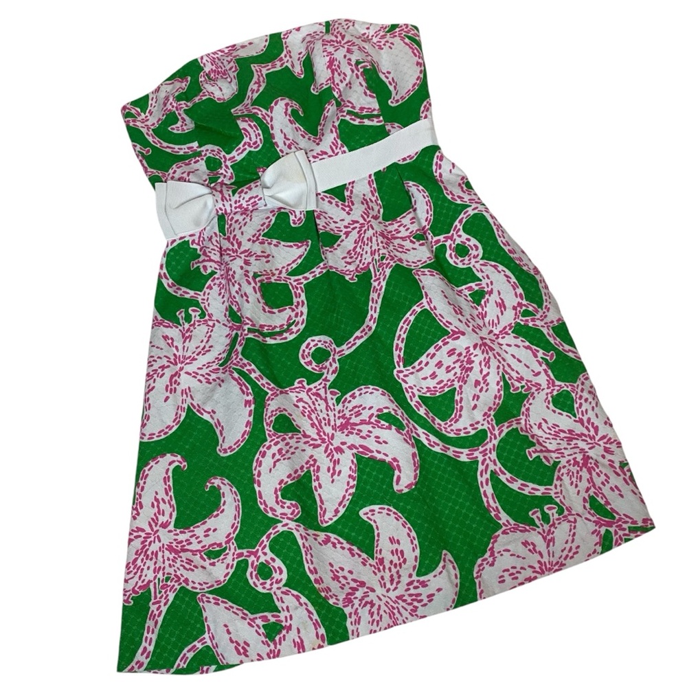 LILLY PULITZER AMBERLY BOW STRAPLESS HOT PINK & GREEN FLORAL DRESS SO CUTE! Sz 4